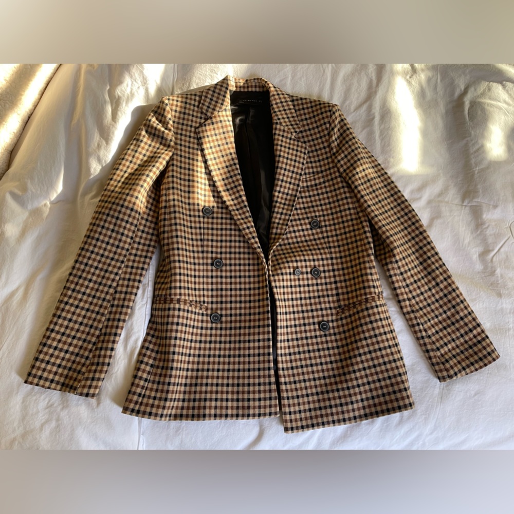Checked Double-Breasted Blazer Jacket - Brown/Bla… - image 4